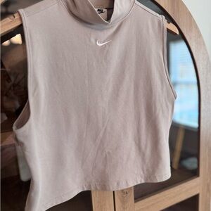Nike Cropped Mock Neck Sleeveless Top Beige Taupe Tan Swoosh Athletic Size L